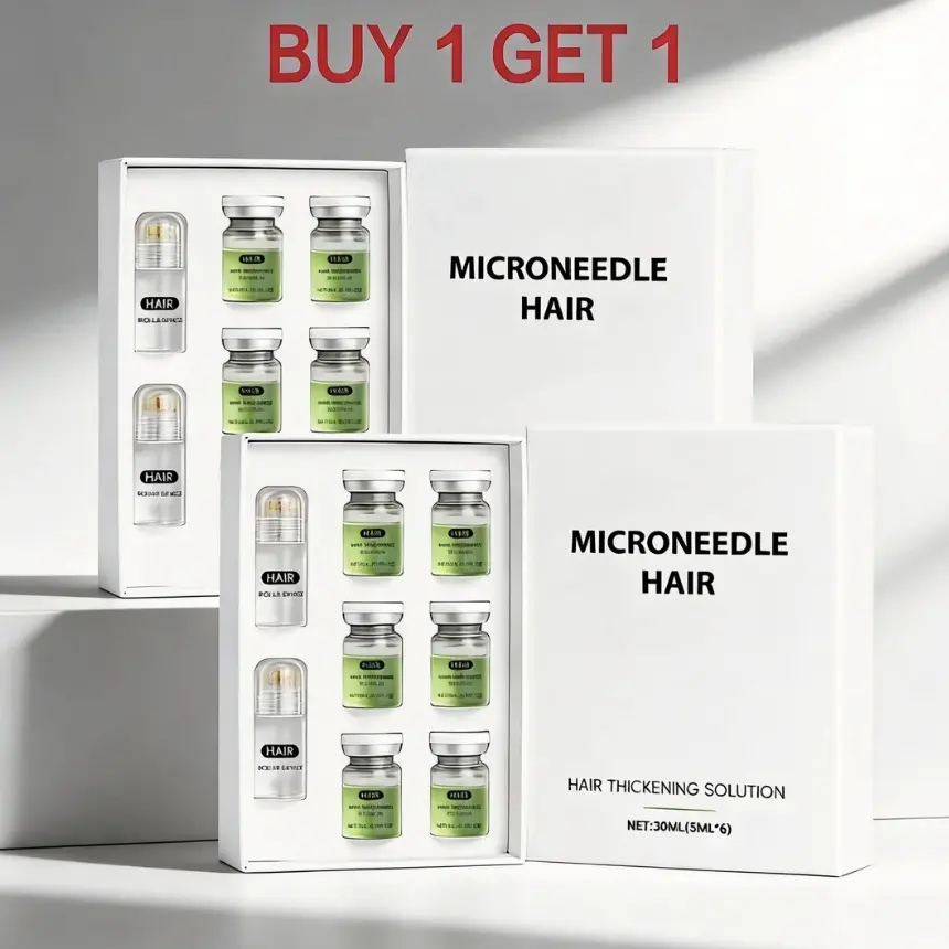 Buy 1 Get 1 Free！Hair Thickening Serum Kit with Microneedle Roller, Scalp Nourishing Hair Infusion Essence for Men & Women, Ginger Root Oil, Peppermint Oil & Sophora Root Extract, Supports Fuller-Looking, Thicker-Looking Hair, 30ml (6 x 5ml)