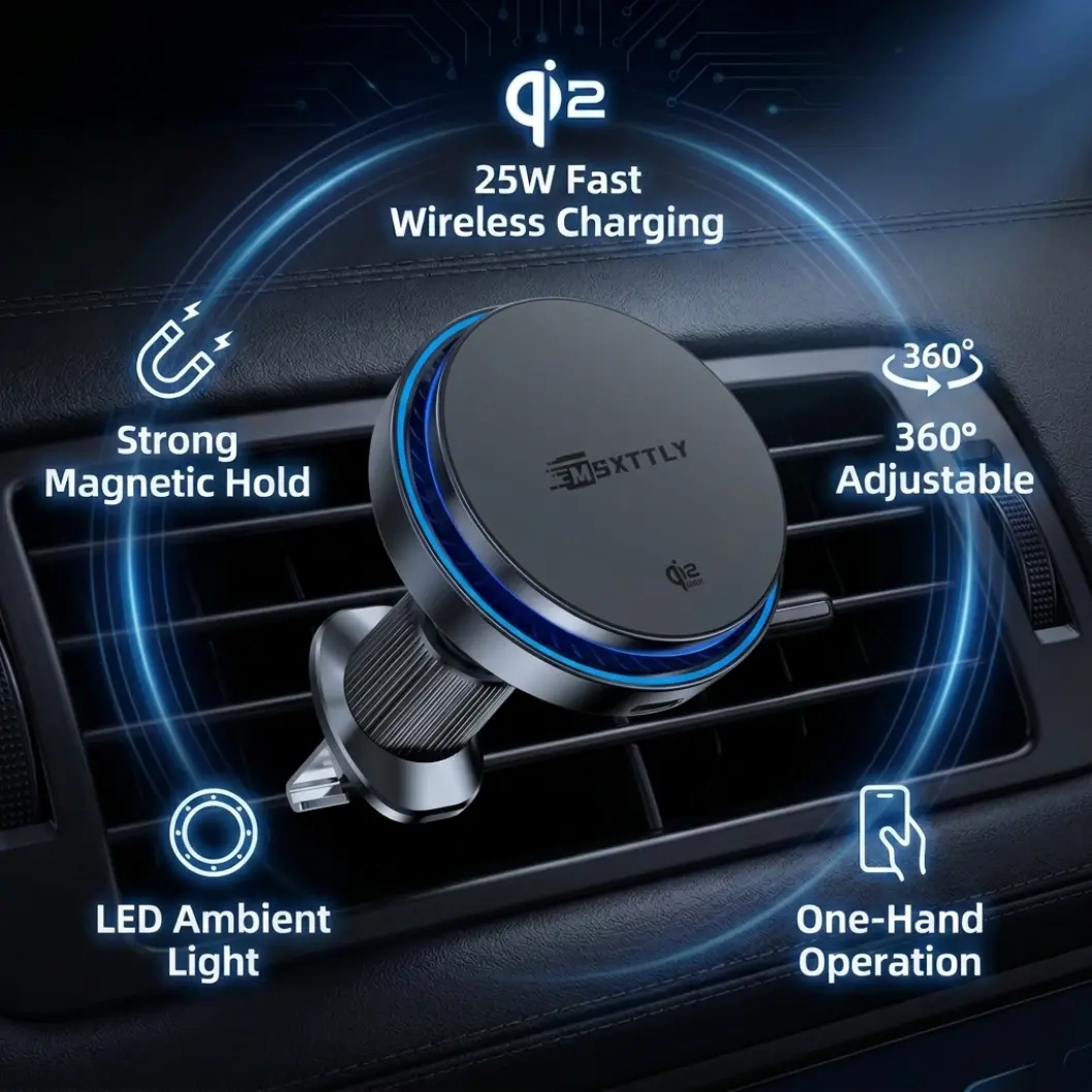 MSXTTLY Magnetic Wireless Charger - 25W Fast Charging with Cooling Fan, MagSafe Car Phone Holder Mount with LED Light, Heat Dissipation Magnetic Phone Charger Stand, Compatible with iPhone 17/16/15/14/13/12 Series, Galaxy S25