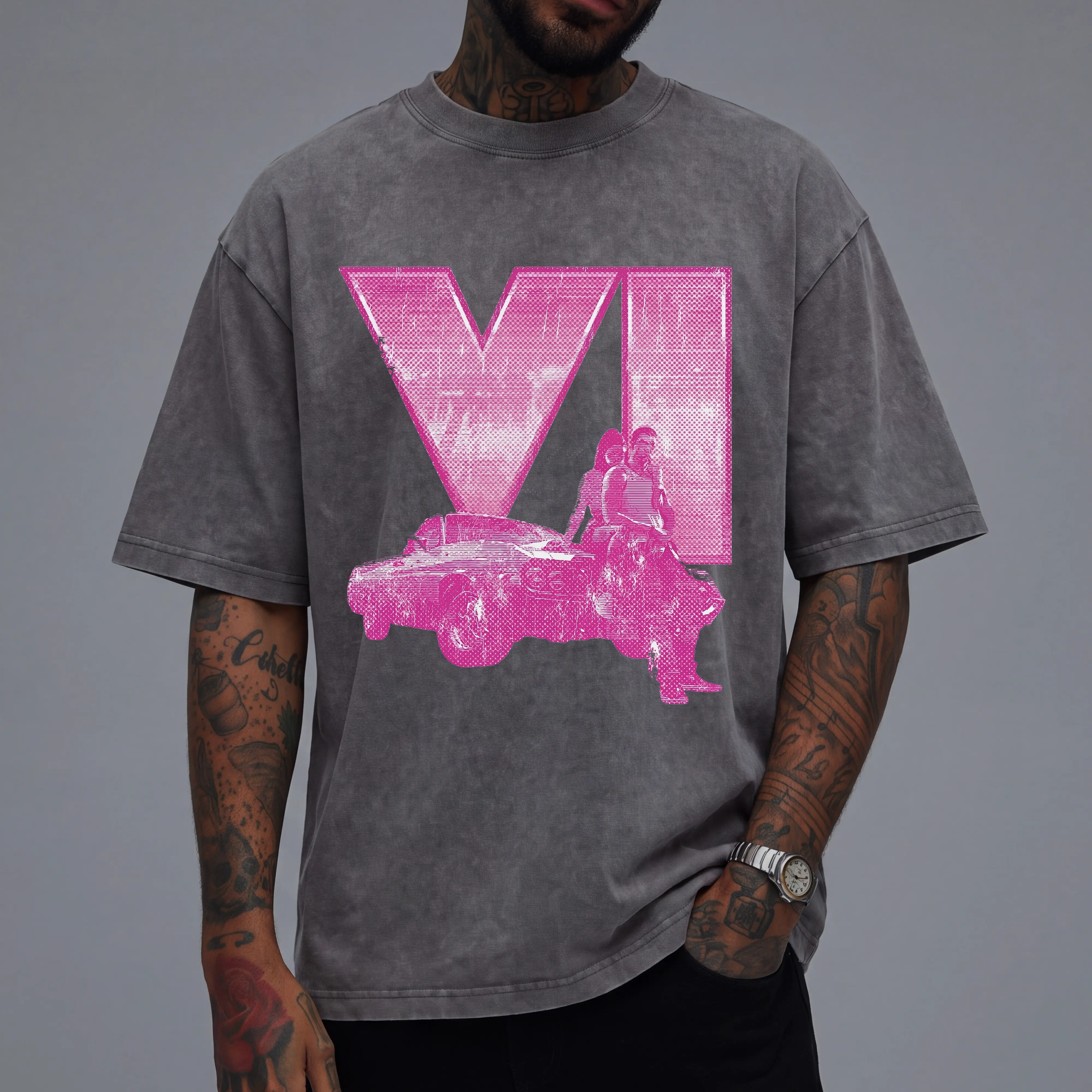 GTA6 Pink Halftone Vice Sports Ca Graphic T Shirt, Heavyweight100%Cotton Oversized Tee for Men and Women Unisex, Gothic Grunge Y2K Emo Streetwear Clothes Casual Daily Wear Summer Outfits Shirts