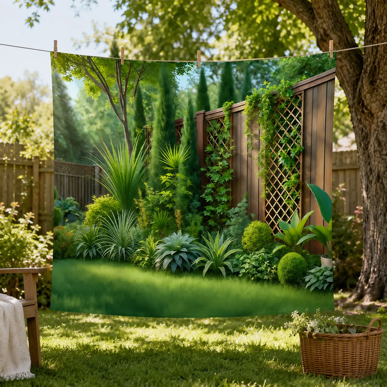 1PC Outdoor Garden Backdrop Banner - 2D Flat Natural Green Plant Landscape Curtain, Reusable Sunproof Waterproof Durable Fence Wall Hanging Cloth, Novelty Happy Birthday Holiday Hanging Decorations, Indoor-Outdoor Accent, Photography Prop