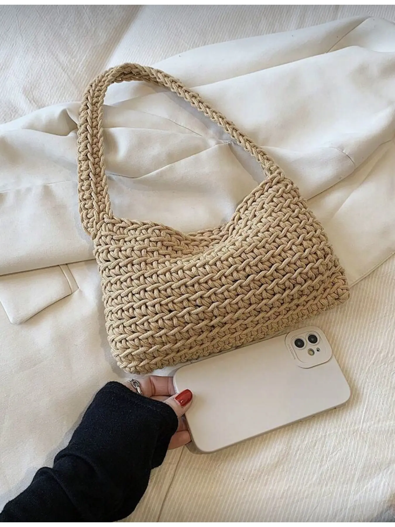 Women Khaki Foldable Crossbody Tote Bag Crochet Knit Handbag Fashion Casual Vacation Bag Casual Trendy Bag Casual Crossbody Bags