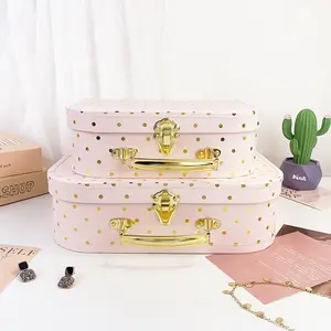 2pcs Light Pink Gold Color Dot Pattern Lidded Storage Box, Paperboard Handled Gift Box for Home Decor, Jewelry, Photos, Hair Accessories Storage, Valentine's Day, Christmas, Wedding, Birthday Gift Packaging