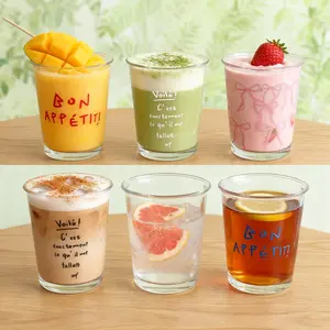 (Set of 6)10ozTrendy Cute Aesthetic Glass Cups Set | Unique Bon Appétit Letter & Ribbon Printed Clear Tumblers | Multi-Size Drinking Glassware For Iced Coffee, Milkshake, Fruit Tea, Water | For Home, Kitchen & Gatherings outdoorfun