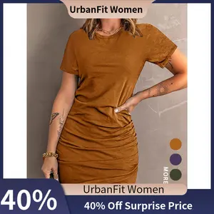 UrbanFit Women's Casual Polyester Solid Short-Sleeve Dress, Left-Right Elastic Round Neck Design