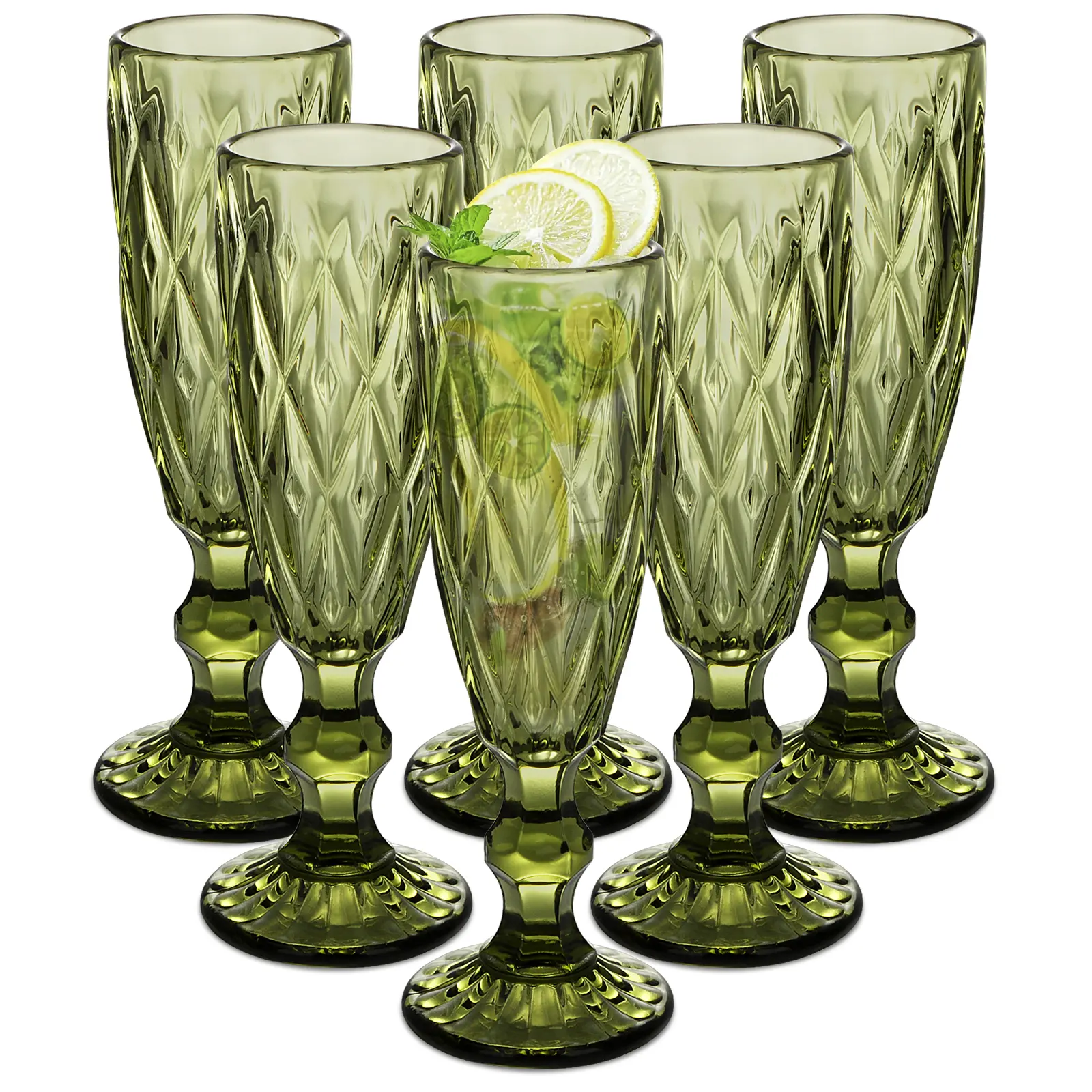 Glass Green 5 oz Champagne Flutes Set of 6,Vintage Goblet Glasses,Wine Glasses,Colored Glassware Set,Water Goblets for New Year Christmas,Party, Wedding, & Daily Use Sturdy, Glass Drinking Cup