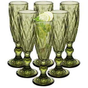 Glass Green 5 oz Champagne Flutes Set of 6,Vintage Goblet Glasses,Wine Glasses,Colored Glassware Set,Water Goblets for New Year Christmas,Party, Wedding, & Daily Use Sturdy, Glass Drinking Cup