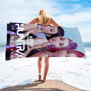 Comfortable Quick-Dry Beach Towel, Kpop Demon Hunters Theme, Blue Tone Digital Print, Ideal for Beach Pool Living Room Camping
