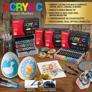 12/24/36/48/60 Colors Acrylic Paint Pens, Brush Tip Markers for Rock Painting, Wood, Stone, Glass, DIY Crafts, Non-Disposable Art Supplies, Art Supplies Kit, Art Kits
