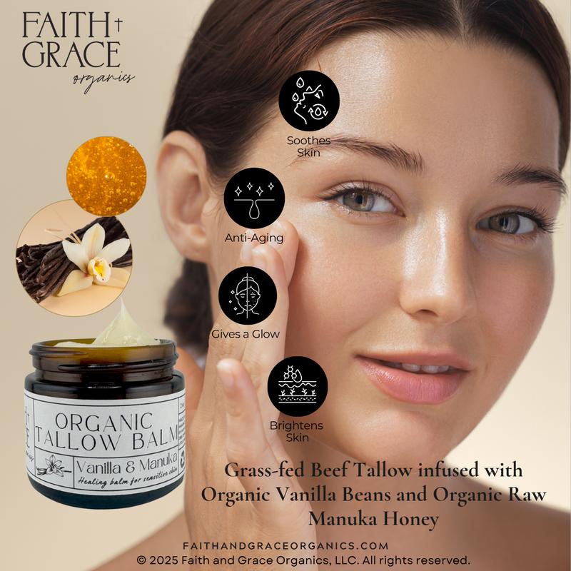 Organic Tallow balm, Vanilla and Manuka Honey All purpose moisturizer, acne prone skin facial, Eczema prone skin, Barrier cream, 2 oz Glass Jar.
