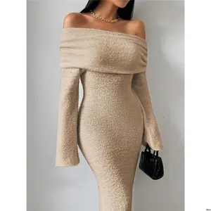 Women Knit - Textured a é Raffin tiktok 1pc Off Shoulder White Flared - Cuff Fitted Sheath Sweater Dress For