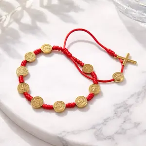 Saint Benedict Red String Bracelet with Medal, Nylon Material, Simple Design