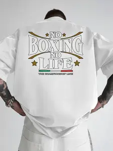 Men's NO BOXING NO LIFE Champ Back Print Boxing Gym Shirt - Soft Pure Cotton Loose Fit Training Top with Bold White & Golden Lettering - Lightweight Breathable Workout Tee for MMA, Streetwear, Boxing Apparel for Fighters & Fans