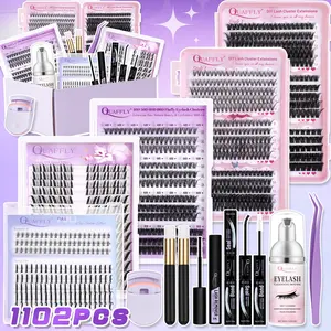 Lash Clusters Kit DIY 1102pcs Eyelash Extension Kit 13 styles Diy Lash Spikes Mixed-length Eyelashes with Lash Bond&Seal Lash Remover Cleansing Mousse Shampoo Brush*2 Tweezere Lash Clurer Volume False Eyelashes Clusters For Beginners