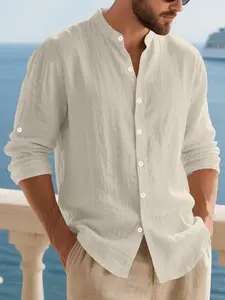 Men's linen long-sleeved button-down shirt, Menswear, plain Henry collar, simple and casual design, lightweight and loose fit, suitable for summer beach wear