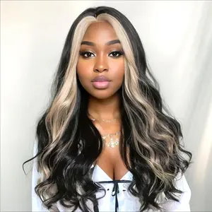 Long Body Wave Synthetic Wig for Women, Gorgeous Fluffy Wigs with Blonde Streaks, Deep Wavy Wigs, Heat Resistant Wigs for Party, Daily Use