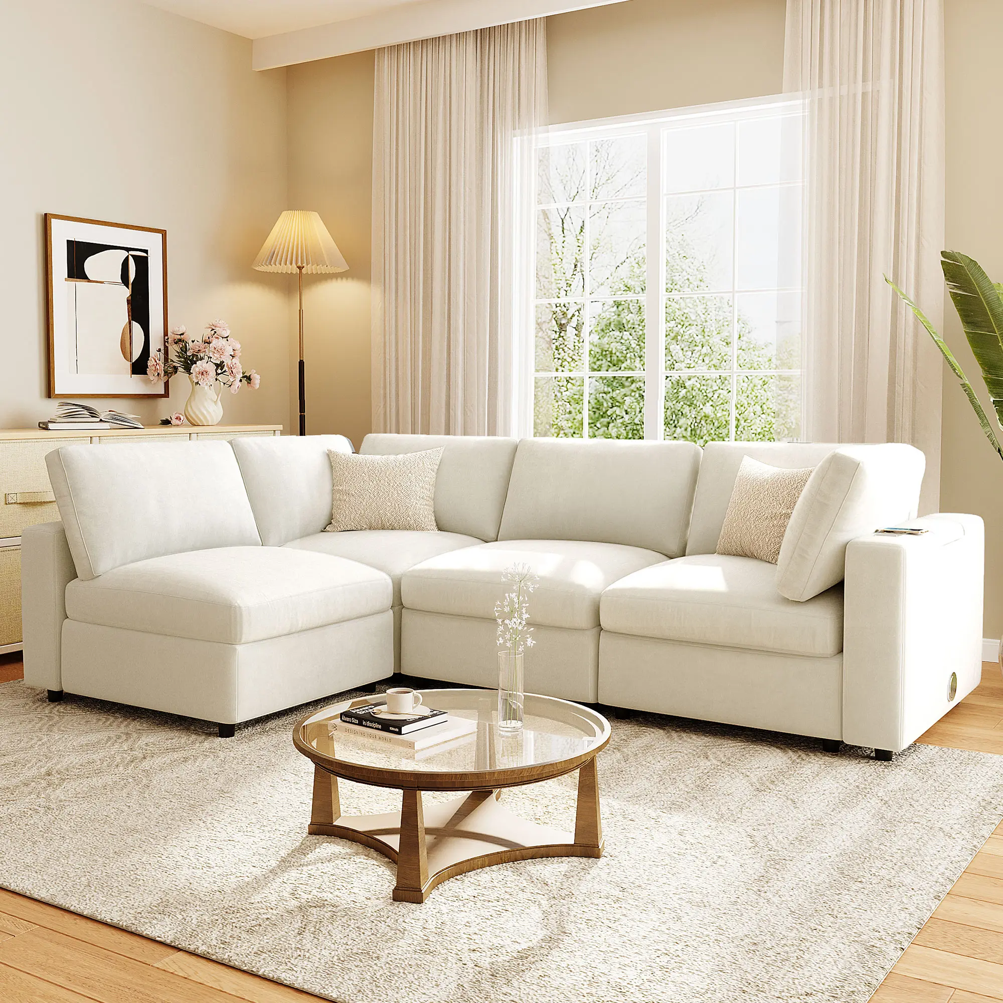 Classic Durable 133.5in U-Shaped Modular Sectional Sofa - Upholstered Convertible Couch with Storage Space, USB Ports, Wireless Charging Pad, Built-in Bluetooth Speaker in Armrest for Living Room, Home Theater