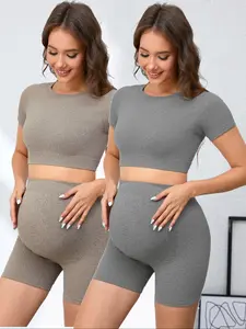 Women's Maternity 2 Piece Outfit Set - Crop Shortsleeve Top & Shorts for Pregnancy - Yoga Workout Lounge Wear Sets - Maternity Outfits - Prenatal Maternity Clothing