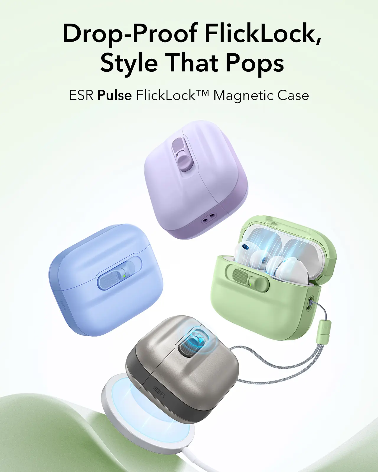 ESR Pulse Series MagSafe Compatible Case for AirPods 4, AirPods Pro 1/2/3 Gen, Drop-Proof Cover with Magnetic Lid Lock, MagSafe Charging Support