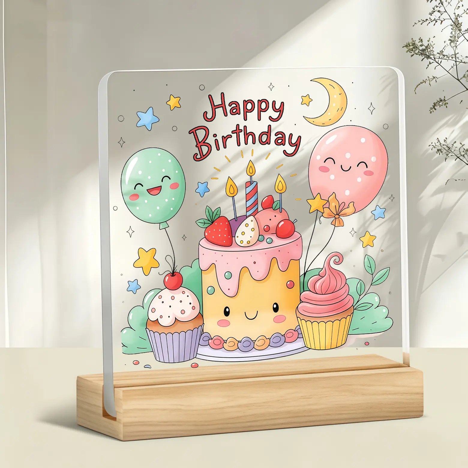 Happy Birthday Cartoon Cake Balloon Acrylic Desk Sign With Wooden Stand, Birthday Tabletop Plaque, Party Table Decor, Birthday Gift For Friends Family