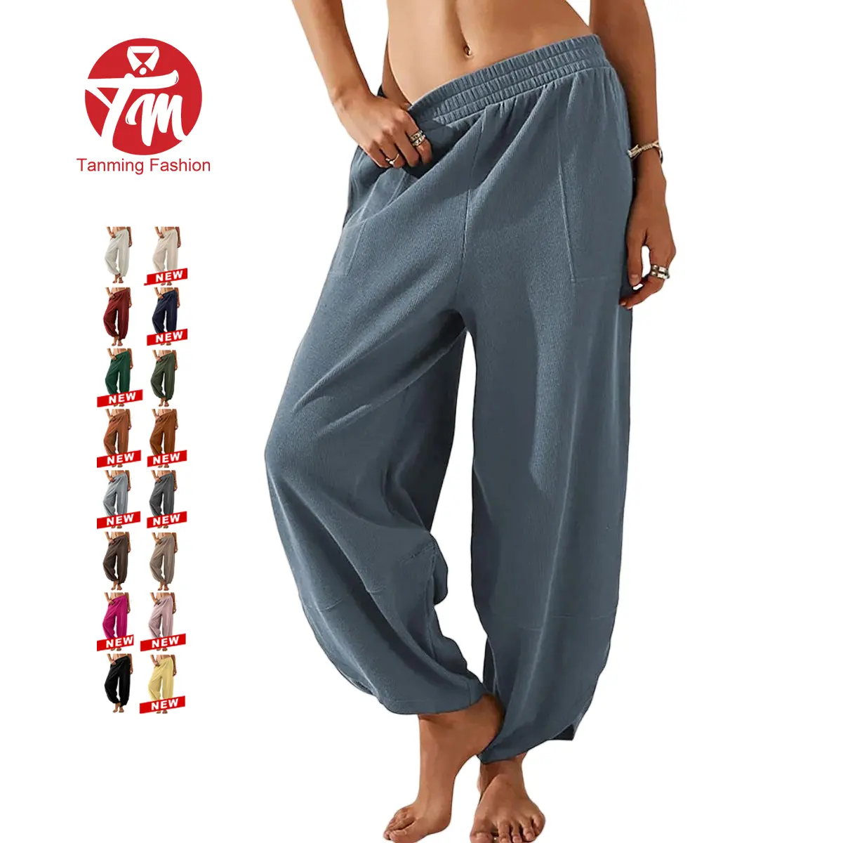 Tanming Women's Baggy Wide-Leg Pants - Casual, Elastic-Waisted, Bohemian Minimalist Basic Women's Clothes Bottom with Pockets,summerwins,summeroutfits,vacationoutfits,beachoutfits