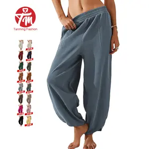 Tanming Womens Baggy Wide Leg Pants Casual Elastic Waisted Palazzo Harem Pants with Pockets
