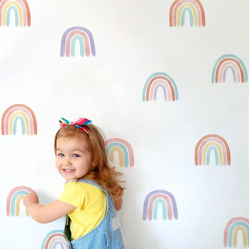 Watercolor Rainbow Wall Decals for Girls Bedroom 36 Pcs, Rainbow Stickers for Wall Mural Vinyl Peel and Stick DIY Decorations (6 Sheets)