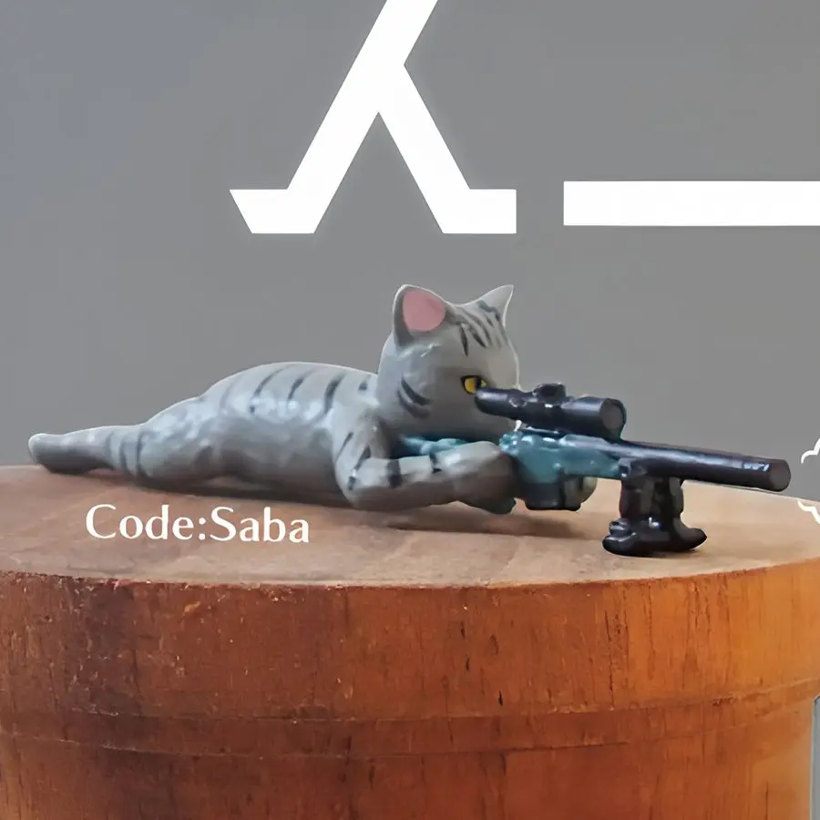 Summervibes Sniper Cat Gacha Capsule, Cat Figurine Holding Sniper