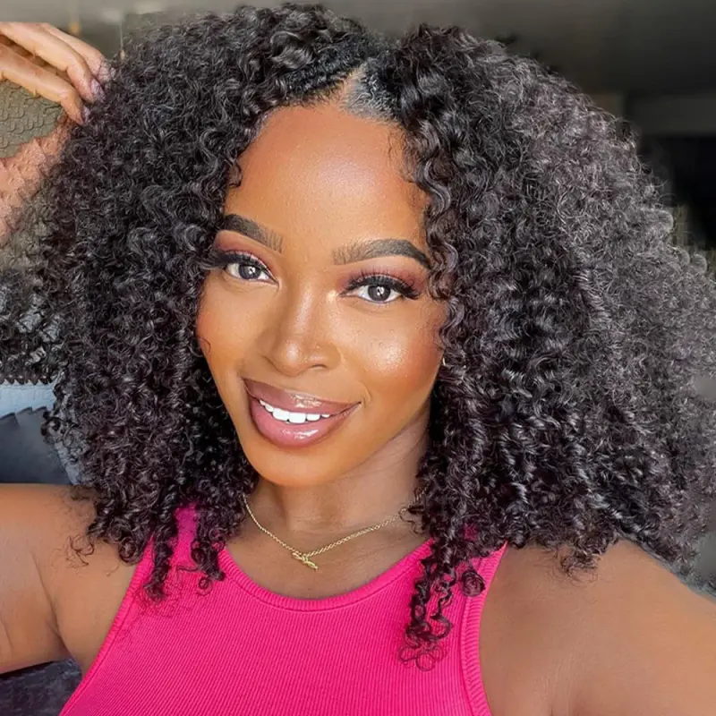 URody Hair Wear Go Half Wig Kinky Curly Wigs Human Hair Invisible Hairline Glueless Human Hair Wigs No Lace Seamless Flip Over Wig Updo Down Style Hairpiece Bouncy Curls