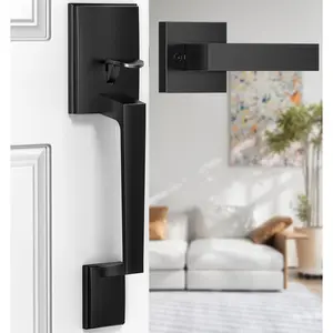 Black Front Door Handle, Modern Exterior Door Handle with Passage Lever, Front Entry Door Handle No Lock, Reversible for Left & Right Hand Door, Lower Half Grip