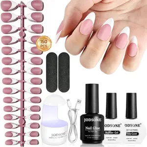JODSONE 154PCS New Upgrade French Gel Nail Tips Kit French Tip Press on Nails Soft Fack Nail Tips Gel Nail Glue,Builder Gel,Top Coat,Nail Lamp All Included for Nail Art Easy DIY