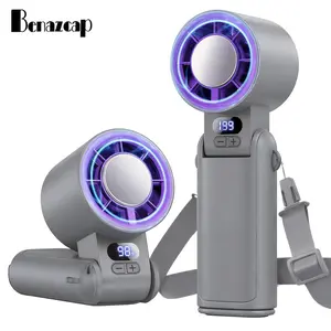 Benazcap Portable Handheld Turbo Fan 1-199 Speed Adjustable LED Display High-Power Motor Rechargeable Battery 4 IN 1 Pocket Design Mini Fans for Indoor Outdoor Travel Work Grey Purple