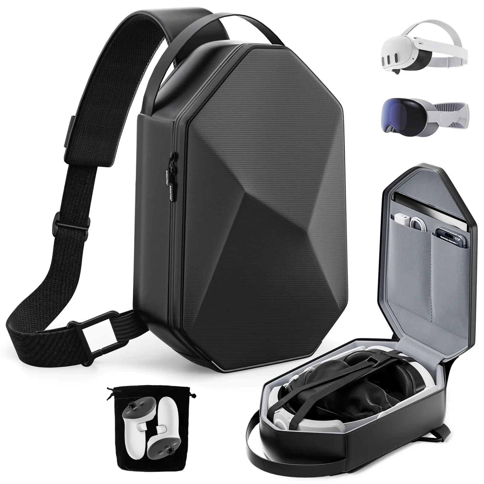 ANNAPRO Carrying Case for Meta Quest 3/Quest 3S/Quest 2/Apple Vision Pro 2, Fashion Crossbody VR Bag Compatible with Kiwi Design/BOBOVR Elite Battery Strap Accessories, Shoulder Travel Bag