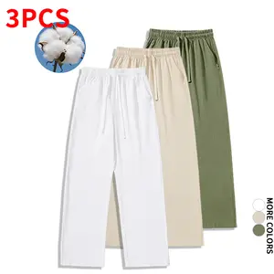 Three-pack men’s cotton-linen wide-leg pants with elastic drawstring waist; loose casual pants that are lightweight and breathable for home wear; suitable for outings, the beach, shopping, and everyday streetwear. fathersdaygift