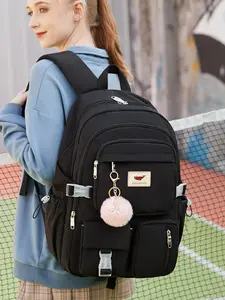 Cute Large Capacity Backpack with Pom Pom Charm, Casual School Bag for Women & Girls, Fashionable Backpack for Daily Use