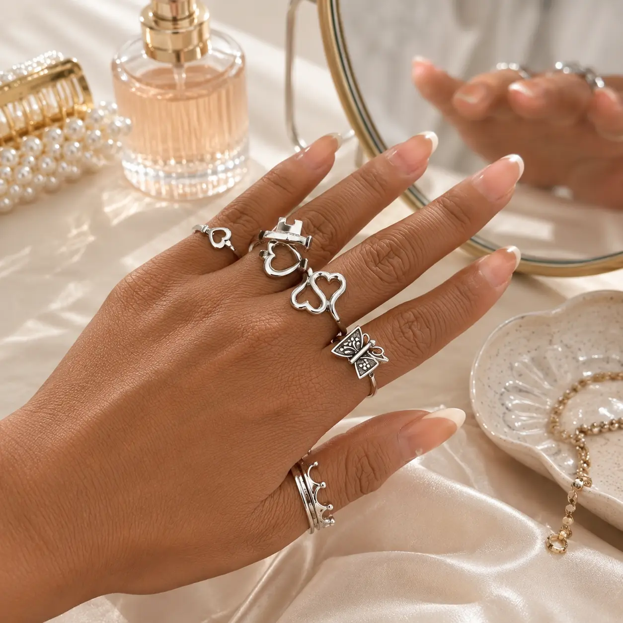 Women's Elegant Heart Key Butterfly Design Adjustable Interlocked Stacking Ring Set - Cute Rings, Versatile Everyday Jewelry, Gift Idea, Costume Fashion Accessories, MM2