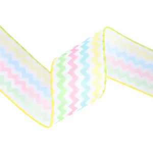2 1/2" Wired Ribbon | White w/ Bright Ric Rac Green/Pink/Blue/Yellow | 10 Yard Roll Spring decor Easter Day decor outdoor decor wrapping gifts