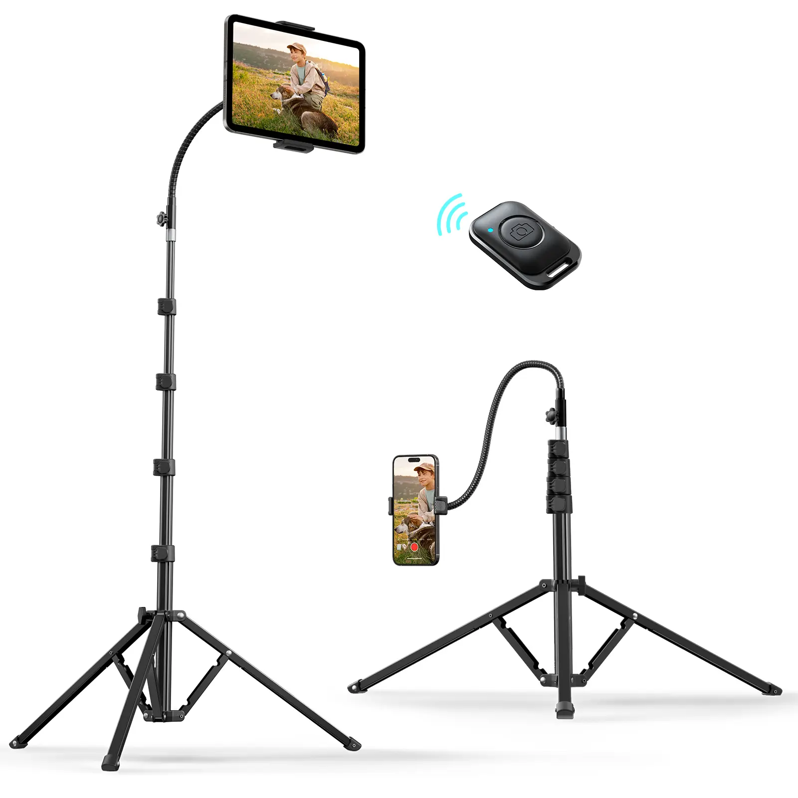Weilisi Heavy Duty Tablet Tripod Stand 82” Tall, Floor Stand with Remote and Adjustable Gooseneck for Watching/Stream/Recording, Tripod for iPad Pro 12.9”/Kindle/iPhone, and All 4.5-13” Tablet/Phone