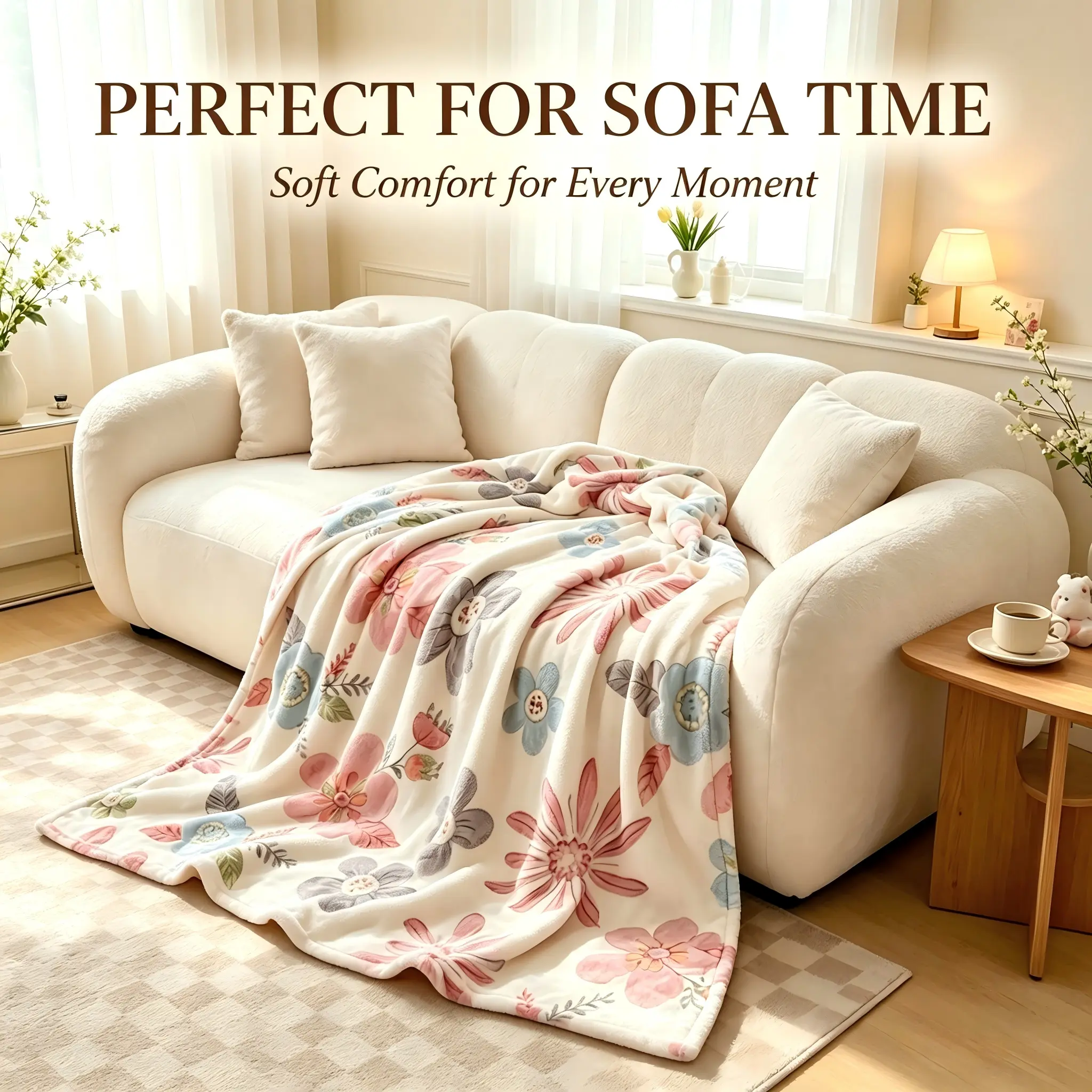 Pastel Floral Print Flannel Blanket - Soft, Warm, Lightweight Cream White Throw for Couch, Bed, Cottagecore Home Decor; Multi-Size, Machine Washable Gift Ideas for Women