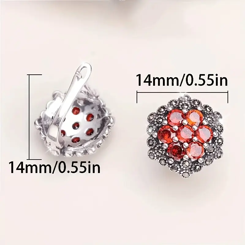 925 Silver Vintage-Style Earrings: Designed with Garnet Flowers, Set with Synthetic Zirconia And Black Stones, Suitable for High-Quality Jewelry Gifts, Hypoallergenic Silver Weighing 0.14 oz.