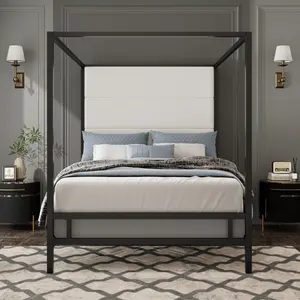 Modern Canopy Bed with 76.5" Tall Velvet Fabric Upholstered Headboard Metal 4-Poster Bed Frame, Box Spring Needed, King(Old SKU:N701P272839B)