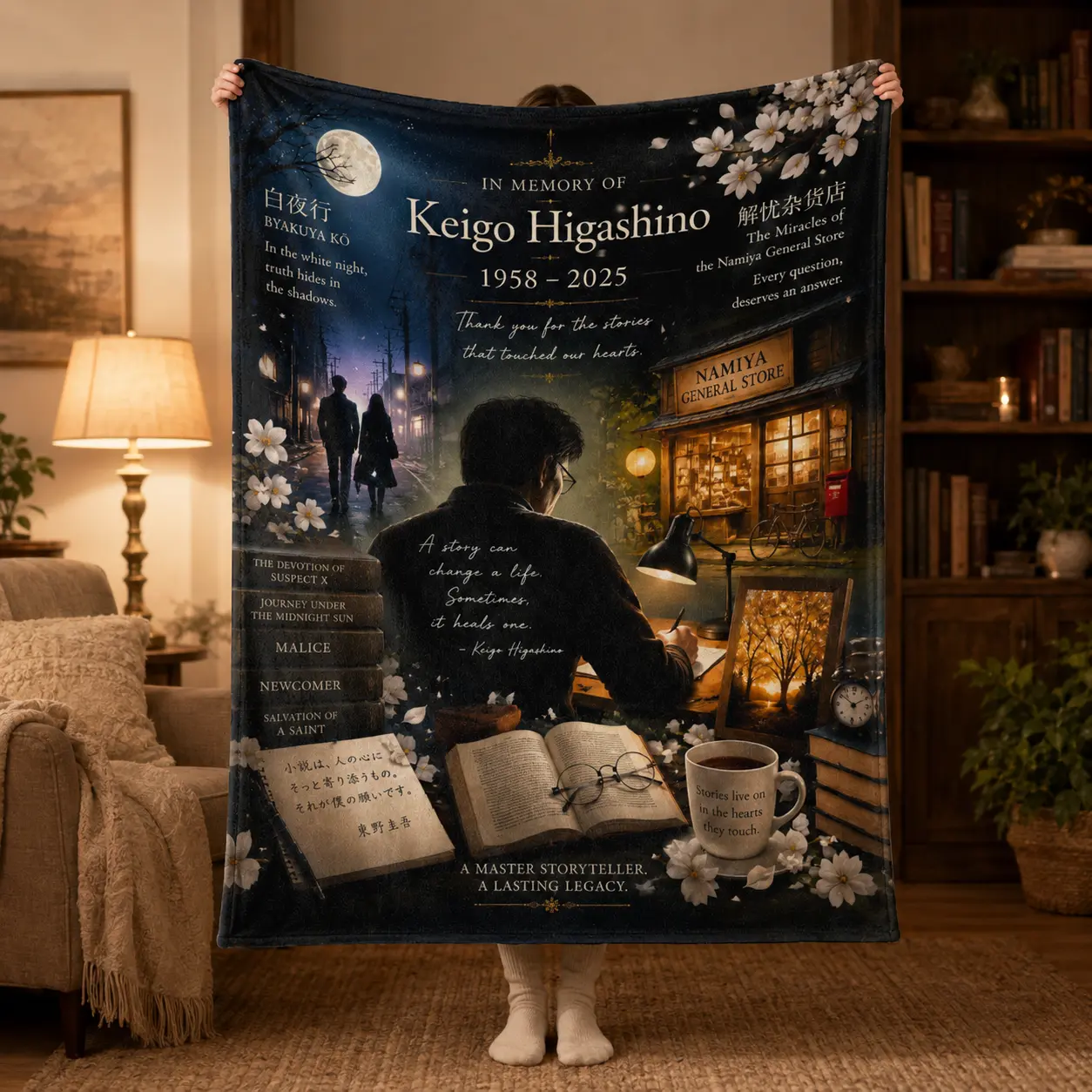 Keigo Higashino Memorial Flannel Throw Blanket, Mystery Novel Collection Soft Cozy Fleece Blanket, Book Lover Gift for Bedroom Reading Nook Library Decor