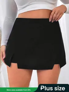 【Plus Size】 Solid 2 in 1 Elastic Waist Skort, Casual Comfy Skort for Daily Wear, Women's Bottoms for Summer, High Waisted Skorts