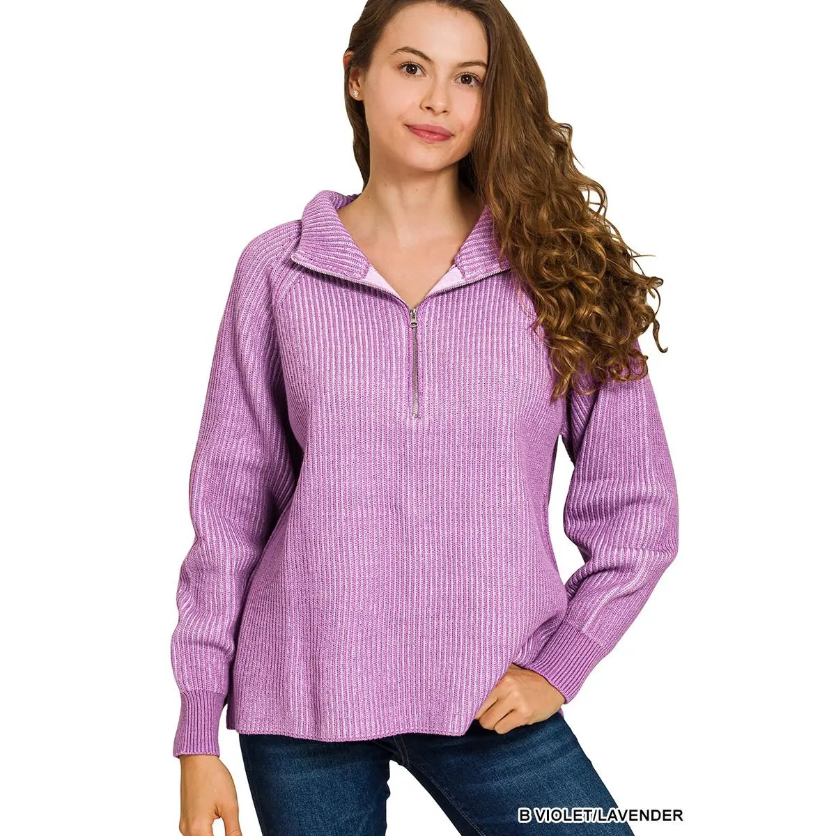 Zenana Ribbed Two Tone Half Zip Sweater