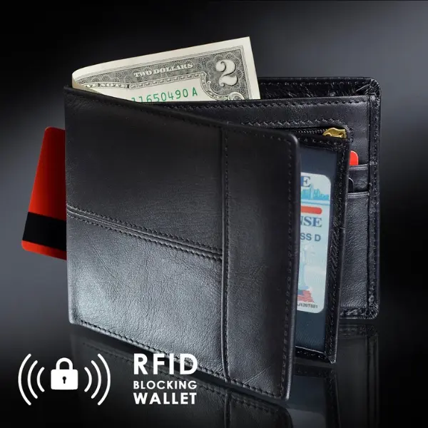 Black Men's Bifold Wallet with 14 Card Holders RFID SECURE Technology 3 Bill Pockets Classic Design Cowhide Leather Gift Box