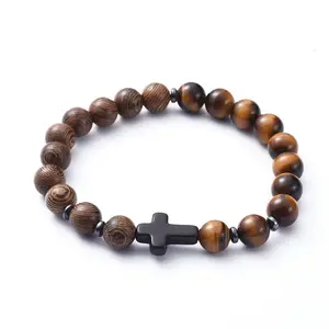 Unisex Tiger Eye Stretch Bracelet Cross Black Hematite Bead Stretch Healing T54