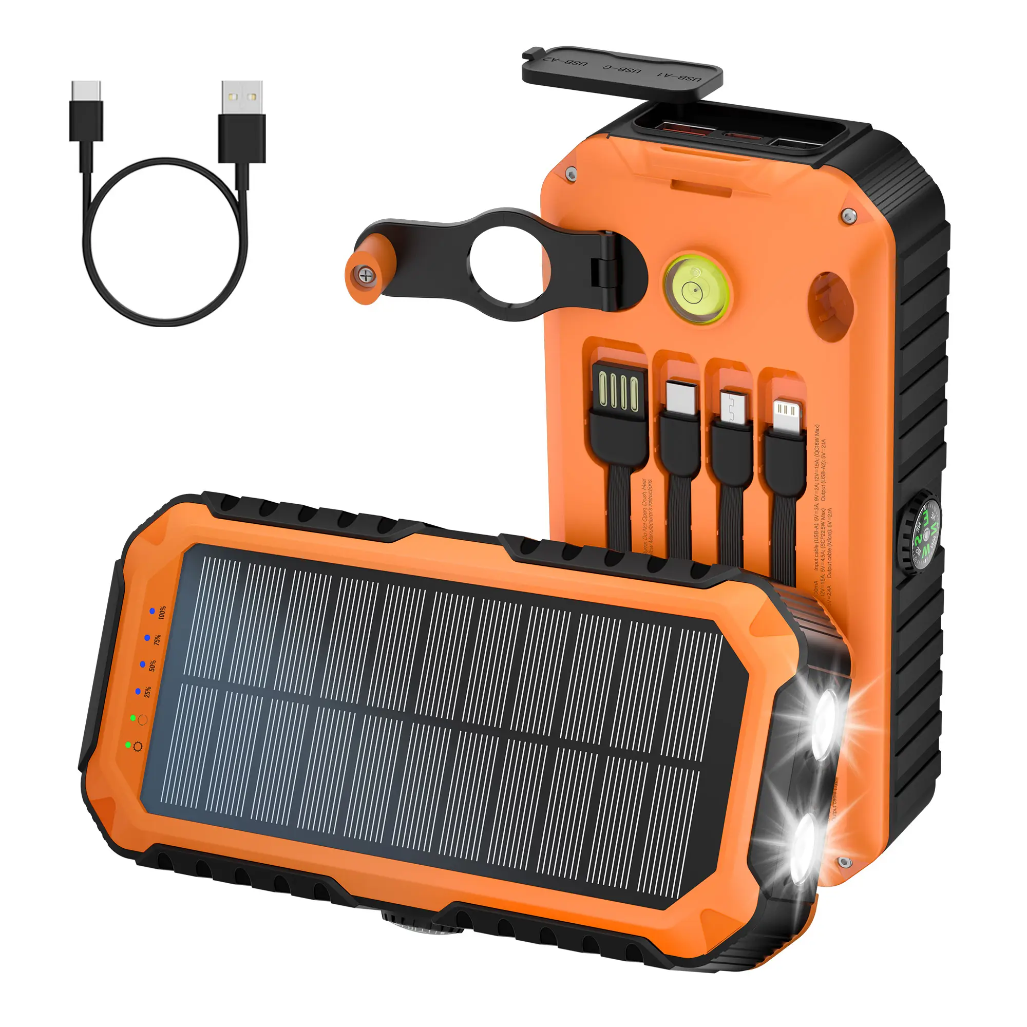 40000mAh solar hand-cranked power bank - hand-cranked power generation, flashlight lighting, compass, with built-in cable, an emergency gadget for out