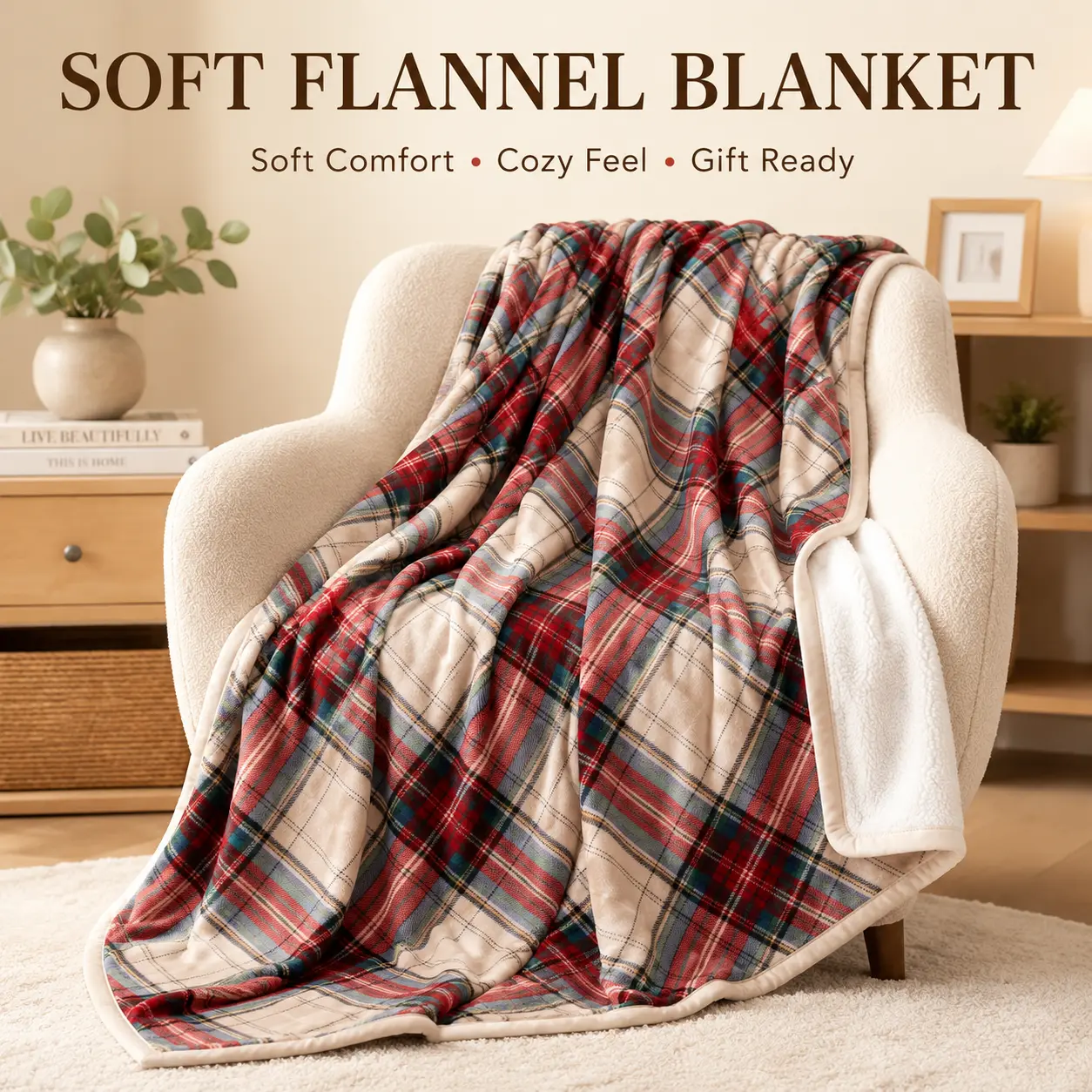 Classic Tartan Plaid Flannel Throw Blanket, Vintage Red Beige Scottish Check Fleece Blanket, Soft Warm All Season Couch Bed Blanket, Rustic Farmhouse Home Decor Gift