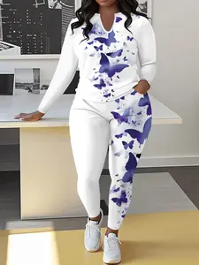 Women's Plus Size Elegant Fashion Butterfly Print|Home Autumn-Winter Essential Wearable Long Sleeve Set - Long Sleeve Crew Neck Top And Pocket Pants|Ombre Design, Stretch Fabric, Machine Washable