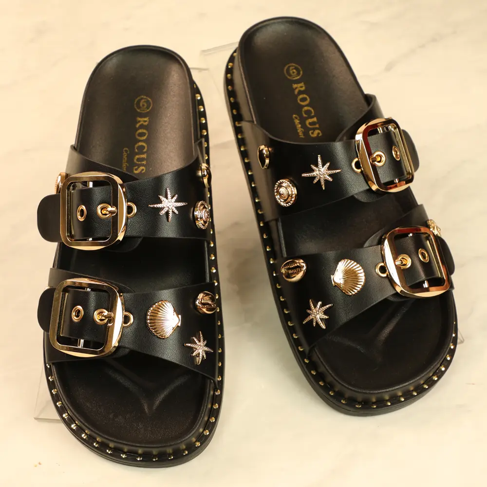 Women's Sandal Open Toe, Slip On with Two Buckle Strap and Studs Embellished