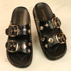 Women's Sandal Open Toe, Slip On with Two Buckle Strap and Studs Embellished